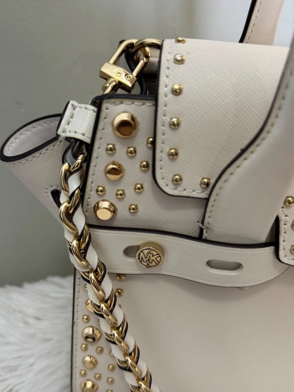 Michael Kors White Leather Studded Satchel Bag w/ Strap & Dust Bag